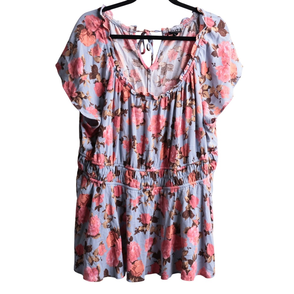 Torrid 3x Blue Pink Floral Smocked Waist Peplum Top Short Sleeve Blouse Romantic